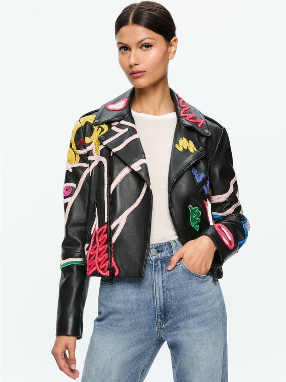 ALICE OLIVIA A+O X TOM WESSELMANN CODY LEATHER MOTO JACKET SIZE S